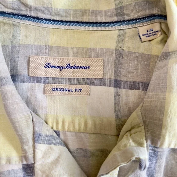 Tommy Bahama Silk Shirt Men's L Original Fit Yellow and Gray Plaid Button Down - Picture 3 of 3